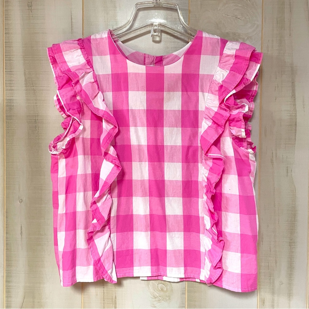 Love Is All Pink White Cotton Ruffle Front Blouse Sz S
